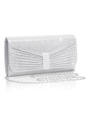 Shiny Sequin Clutch Evening Bag with Bow Pleat Detachable Chain Magnetic Snap